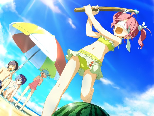 Anime picture 1600x1200 with hoshizora no memoria kogasaka chinami shida kazuhiro standing holding game cg sky beach standing on one leg blindfold girl swimsuit sea