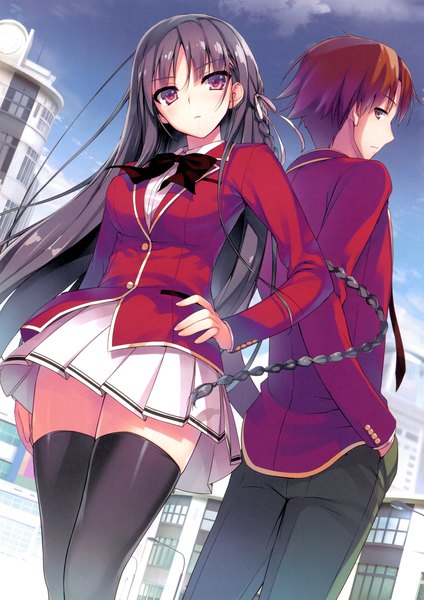 Anime picture 2432x3441 with youkoso jitsuryoku shijou shugi no kyoushitsu e horikita suzune ayanokouji kiyotaka tomose shunsaku long hair tall image fringe highres short hair black hair brown eyes sky outdoors braid (braids) long sleeves pleated skirt looking back from below zettai ryouiki hand on hip