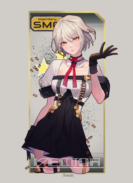 Anime picture 1200x1653 with girls frontline vector (girls frontline) sobi (dnenqkswja) single tall image looking at viewer fringe short hair hair between eyes signed yellow eyes white hair parted lips grey background character names twitter username girl dress gloves black gloves