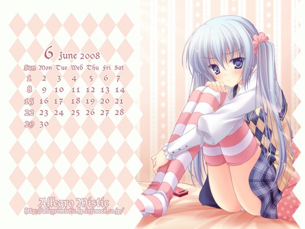 Anime picture 1024x768 with original takano yuki (allegro mistic) long hair blush blue eyes light erotic twintails blue hair wallpaper plaid skirt pantyshot sitting striped plaid rhombus calendar 2008 thighhighs skirt striped thighhighs calendar