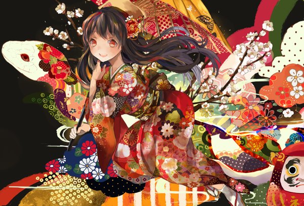 Anime picture 1312x892 with original henachoko single long hair blush fringe open mouth smile red eyes holding traditional clothes japanese clothes multicolored hair hair flower teeth cherry blossoms floral print dark hair girl hair ornament