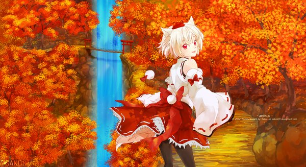 Anime picture 2000x1091 with touhou inubashiri momiji sakon04 (sakonlieur) single looking at viewer fringe highres open mouth red eyes wide image animal ears inscription happy wolf ears autumn waterfall girl bow ribbon (ribbons) plant (plants)