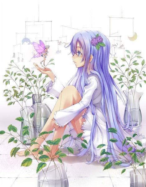 Anime picture 800x1022 with original amayofoo long hair tall image blue eyes sitting blue hair profile hair flower bare legs fairy girl dress hair ornament flower (flowers) plant (plants)
