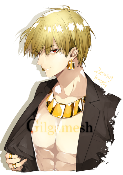 Anime picture 1000x1416 with fate (series) fate/grand order gilgamesh (fate) kurono yuu single tall image looking at viewer short hair simple background blonde hair red eyes white background signed upper body light smile shadow character names dated boy earrings