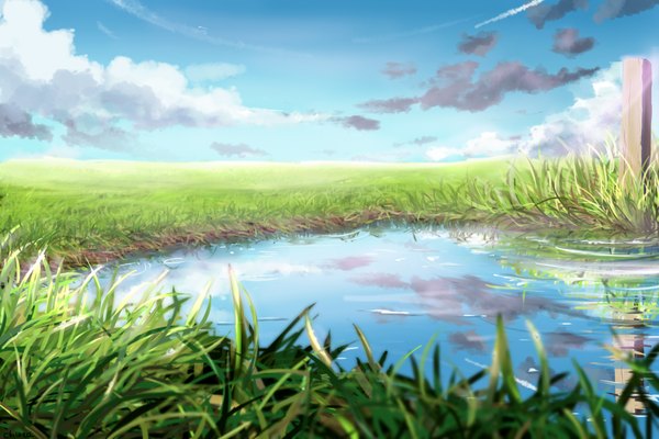Anime picture 1920x1280 with chwee highres sky cloud (clouds) horizon no people landscape plant (plants) water grass