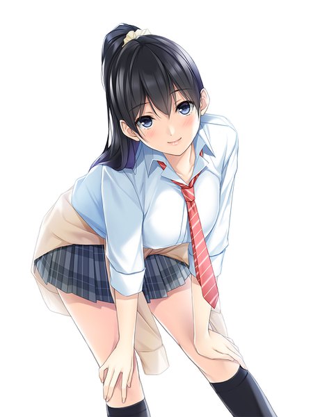 Anime picture 924x1232 with original n69 single long hair tall image looking at viewer blue eyes black hair simple background white background ponytail leaning leaning forward clothes around waist girl skirt uniform school uniform miniskirt shirt