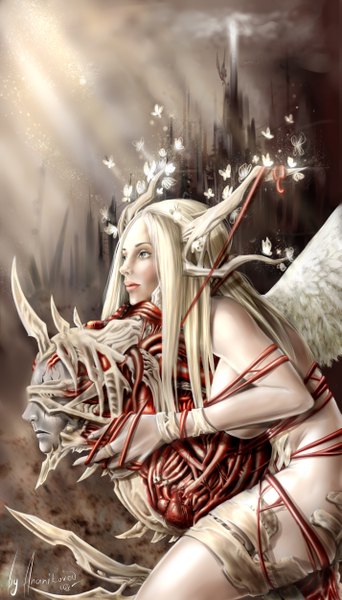 Anime picture 2851x5000 with claymore madhouse alicia (claymore) beth (claymore) bazukatm long hair tall image highres blonde hair horn (horns) lips sunlight realistic grey eyes girl wings insect butterfly