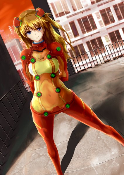 Anime picture 1157x1636 with neon genesis evangelion evangelion: 2.0 you can (not) advance gainax soryu asuka langley chippucream single long hair tall image blue eyes light smile orange hair shadow girl building (buildings) pilot suit