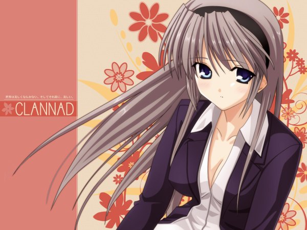 Anime picture 1280x960 with clannad key (studio) sakagami tomoyo single long hair looking at viewer blush fringe breasts blue eyes payot cleavage silver hair upper body very long hair green hair wallpaper copyright name floating hair floral print