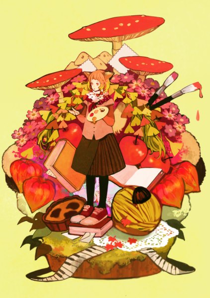Anime picture 1748x2480 with original 24 (artist) single tall image highres short hair open mouth animal ears orange hair orange eyes fox ears girl bow sweets book (books) leaf (leaves) cake apple paintbrush paint