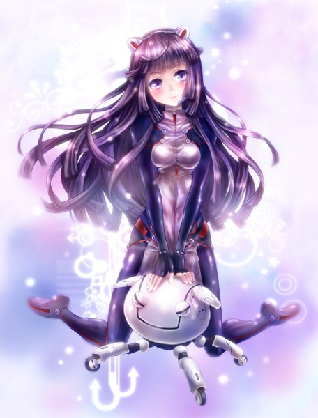 Anime picture 1900x2500 with guilty crown production i.g tsugumi fyu-neru daphne zhang single long hair tall image blush highres smile purple eyes animal ears purple hair cat ears covered navel girl bodysuit