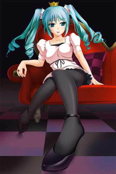 Anime picture 935x1407 with vocaloid hatsune miku saxasa kisuk single long hair tall image looking at viewer open mouth blue eyes twintails blue hair legs drill hair girl dress pantyhose black pantyhose couch