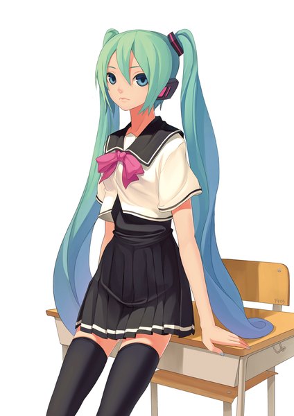 Anime picture 1550x2192 with vocaloid hatsune miku fkey single tall image blue eyes simple background white background twintails very long hair aqua hair girl thighhighs skirt black thighhighs miniskirt shirt serafuku necktie headphones