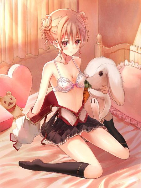 Anime picture 2100x2800 with original tsumiwara single tall image looking at viewer blush highres light erotic red eyes brown hair hair bun (hair buns) girl skirt miniskirt socks lingerie bra black socks bed toy