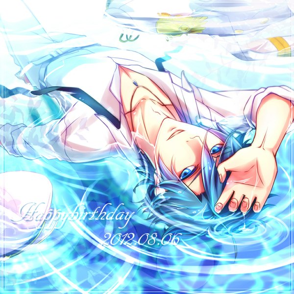 Anime picture 1024x1024 with uta no prince-sama a-1 pictures ichinose tokiya lyu* single looking at viewer short hair blue eyes smile blue hair lying wet wet clothes hand on head partially open clothes wet shirt afloat swimming boy shirt