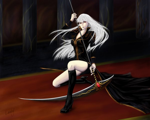 Anime picture 1500x1200 with noblesse seira j. roiard lanty-ka single long hair looking at viewer breasts red eyes large breasts bent knee (knees) white hair indoors girl weapon thigh boots cloak scythe