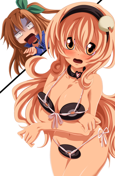 Anime picture 1957x3000 with choujigen game neptune if (choujigen game neptune) compa tremblax long hair tall image blush highres open mouth light erotic blonde hair brown hair multiple girls yellow eyes black eyes bare belly one side up coloring transparent background girl