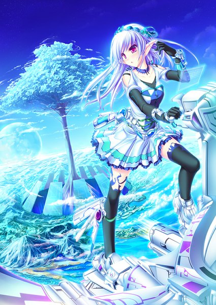 Anime picture 811x1146 with original tenmaso single long hair tall image open mouth red eyes bare shoulders looking away sky purple hair cloud (clouds) wind pointy ears mountain girl thighhighs dress gloves black thighhighs