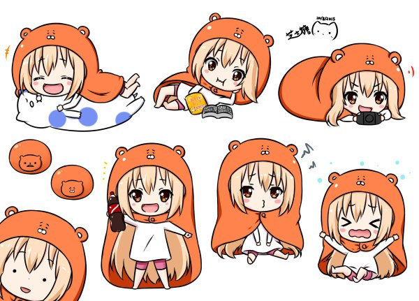 Anime picture 1200x862 with himouto! umaru-chan doga kobo doma umaru komaru nagi-the-cheese (ppshex) looking at viewer blush fringe open mouth simple background blonde hair smile white background brown eyes eyes closed very long hair chibi multiple persona girl hood