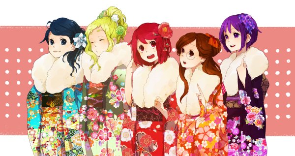 Anime picture 1200x635 with ojamajo doremi harukaze doremi segawa onpu asuka momoko fujiwara hazuki senoo aiko tomo (sjim) long hair looking at viewer short hair open mouth blue eyes blonde hair smile red eyes brown hair wide image standing purple eyes multiple girls