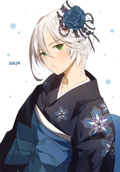 Anime picture 700x1000 with puri para pretty (series) shikyouin hibiki sorolp single tall image looking at viewer blush fringe short hair simple background hair between eyes white background green eyes signed upper body white hair traditional clothes head tilt japanese clothes