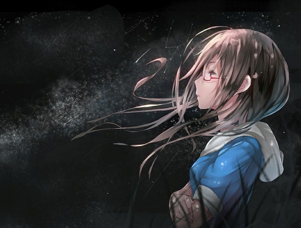 Anime picture 1054x800 with original hadean92 single long hair open mouth brown hair profile wind night sky crossed arms shooting star constellation girl plant (plants) glasses star (stars) grass