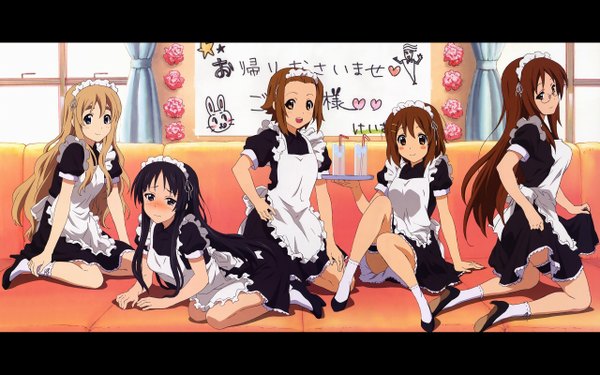 Anime picture 2560x1600 with k-on! kyoto animation akiyama mio hirasawa yui kotobuki tsumugi tainaka ritsu akitake seiichi highres light erotic wide image maid