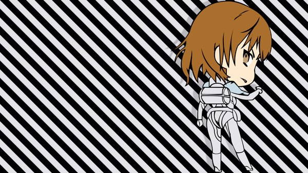 Anime picture 1600x900 with to aru kagaku no railgun j.c. staff misaka mikoto misaka imouto single looking at viewer short hair simple background brown hair wide image brown eyes looking back from behind wallpaper chibi angry striped background girl bodysuit
