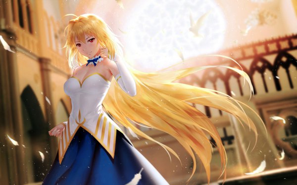 Anime picture 1920x1200 with shingetsutan tsukihime type-moon arcueid brunestud yijian ma single looking at viewer highres blonde hair red eyes very long hair girl dress detached sleeves feather (feathers)