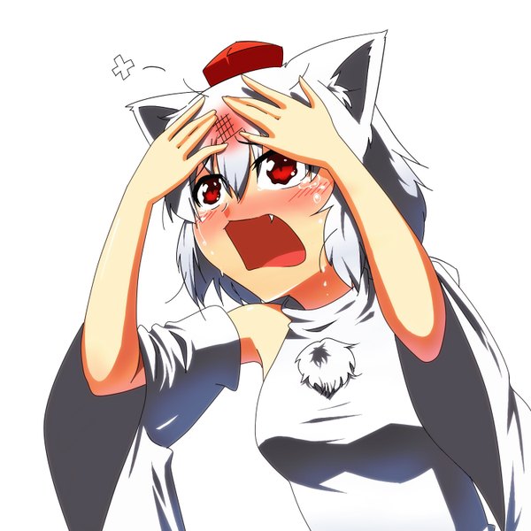 Anime picture 1500x1500 with touhou inubashiri momiji kaiza (rider000) single blush fringe short hair breasts simple background hair between eyes red eyes white background animal ears wide sleeves fang (fangs) tears looking up crying wolf ears girl