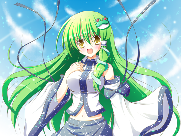 Anime picture 1000x750 with touhou kochiya sanae osashin (osada) single long hair blush open mouth green eyes yellow eyes green hair girl skirt hair ornament bow ribbon (ribbons) detached sleeves skirt set hair tubes