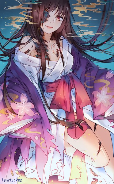 Anime picture 620x1000 with noragami studio bones izanami (noragami) instockee single long hair tall image breasts smile brown hair bent knee (knees) traditional clothes head tilt japanese clothes lips wide sleeves orange eyes legs floral print eyebrows