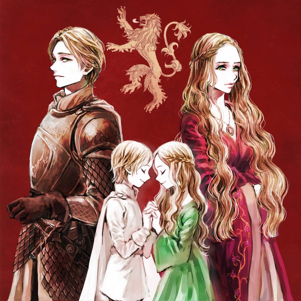 Anime picture 2000x2000 with a song of ice and fire cersei lannister jaime lannister siuuu long hair looking at viewer highres short hair simple background blonde hair smile brown hair green eyes eyes closed profile wide sleeves wavy hair red background dual persona alternate age