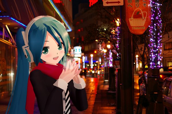 Anime picture 1155x768 with vocaloid hatsune miku single long hair blush smile twintails aqua eyes aqua hair inscription night street fingers together photo background cold girl jacket headphones scarf house