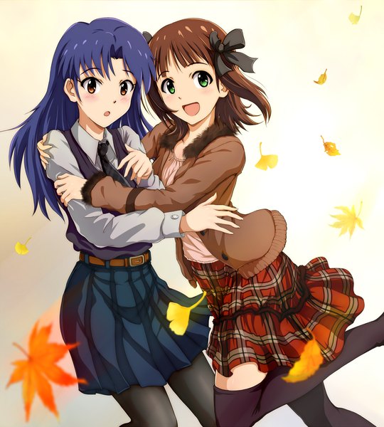 Anime picture 1200x1333 with idolmaster idolmaster cinderella girls kisaragi chihaya amami haruka hina (araburu-hinadori) long hair tall image short hair open mouth brown hair multiple girls brown eyes green eyes blue hair hug girl thighhighs skirt bow black thighhighs