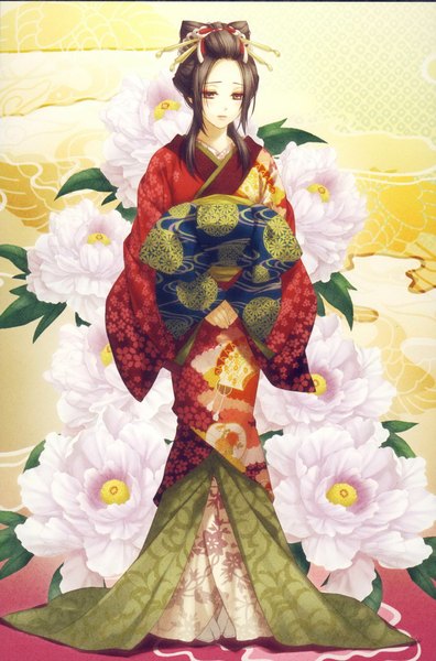 Anime picture 1428x2160 with hakuouki shinsengumi kitan studio deen chizuru yukimura single tall image black hair brown eyes japanese clothes scan girl flower (flowers) kimono