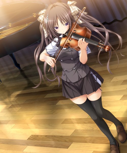 Anime picture 1280x1536 with chrono clock andou misaki koku single long hair tall image blush brown hair purple eyes twintails game cg playing instrument girl thighhighs skirt uniform hair ornament bow black thighhighs hair bow