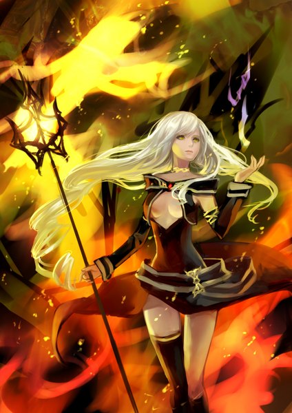 Anime picture 2480x3507 with original pixiv fantasia ask (askzy) single long hair tall image highres yellow eyes white hair magic girl thighhighs detached sleeves staff fire
