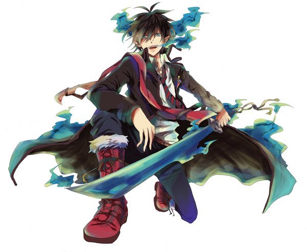 Anime picture 1982x1627 with ao no exorcist a-1 pictures okumura rin yuki (fuguneko) single highres short hair open mouth blue eyes black hair simple background white background pointy ears lacing boy weapon sword boots katana cloak