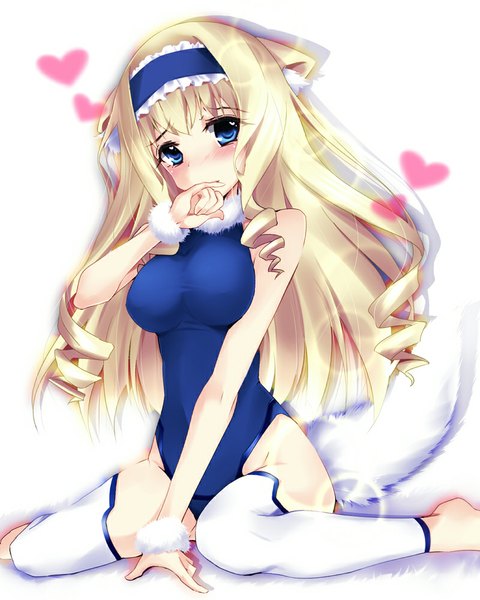 Anime picture 800x1000 with infinite stratos 8bit cecilia orcott natsu (anta tte hitoha) single long hair tall image looking at viewer blush blue eyes light erotic blonde hair sitting bare shoulders animal ears tail animal tail girl heart hairband