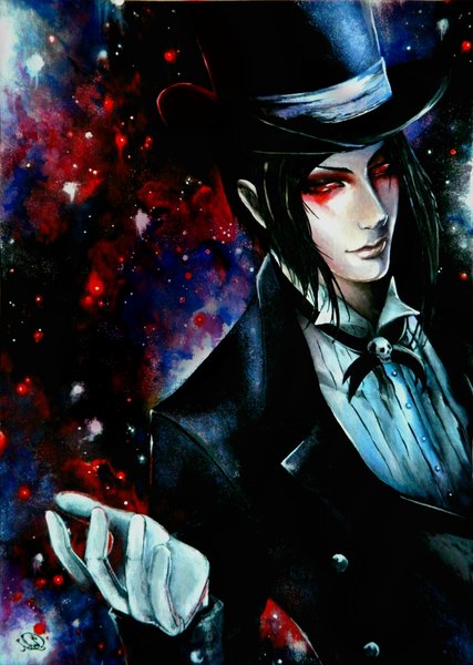 Anime picture 2960x4157 with kuroshitsuji a-1 pictures sebastian michaelis single tall image looking at viewer highres short hair black hair red eyes butler boy gloves hat bowtie suit skull