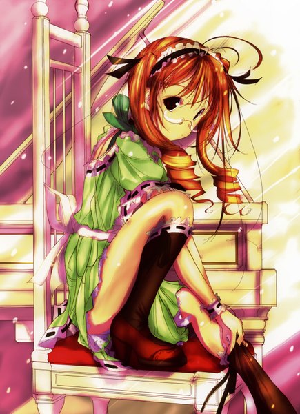 Anime picture 2460x3390 with ozaki hiroki single long hair tall image looking at viewer highres red eyes sitting twintails sunlight orange hair drill hair girl socks glasses hairband black socks chair
