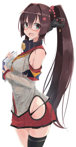Anime picture 1731x3354 with kantai collection yamato super battleship nao (qqqbb) single long hair tall image looking at viewer blush fringe highres open mouth light erotic simple background hair between eyes brown hair white background holding brown eyes ponytail surprised