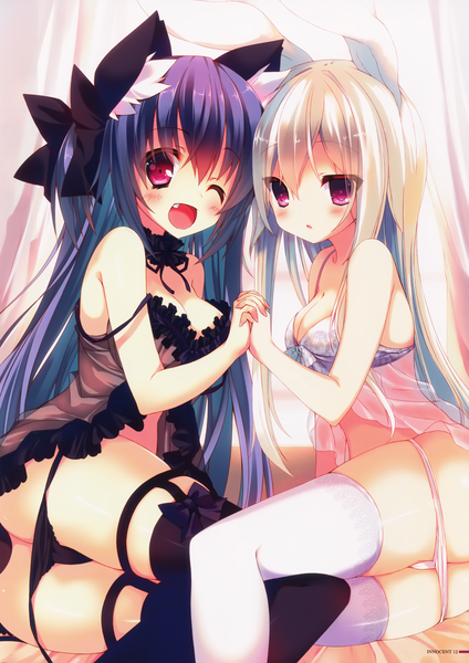 Anime picture 2122x3001 with original oziko (ojitcha) ojitcha p19 long hair tall image blush highres breasts open mouth light erotic red eyes purple eyes animal ears purple hair white hair one eye closed wink scan two side up