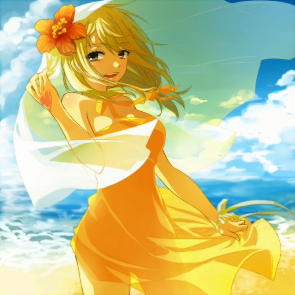 Anime picture 1000x1000 with fairy tail lucy heartfilia krr (strib und werde) single looking at viewer short hair open mouth blonde hair bare shoulders brown eyes sky cloud (clouds) hair flower wind tattoo beach summer girl dress hair ornament