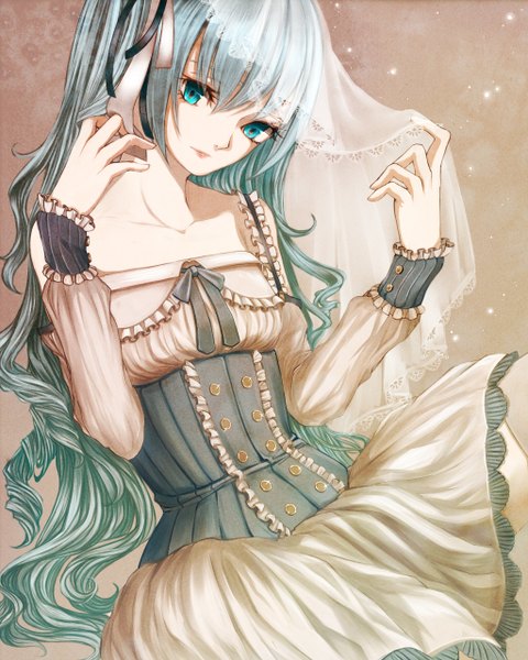 Anime picture 1024x1280 with vocaloid hatsune miku yukimasa single tall image fringe highres standing very long hair aqua eyes aqua hair looking down brown background girl dress ribbon (ribbons) hair ribbon corset clothes wedding veil