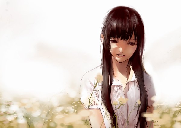 Anime picture 1200x849 with original kiyohara hiro single long hair open mouth smile brown hair brown eyes sunlight girl flower (flowers)