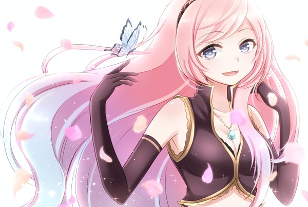Anime picture 1354x910 with vocaloid megurine luka yamagara single long hair looking at viewer fringe breasts open mouth blue eyes smile pink hair girl gloves petals elbow gloves insect butterfly necklace