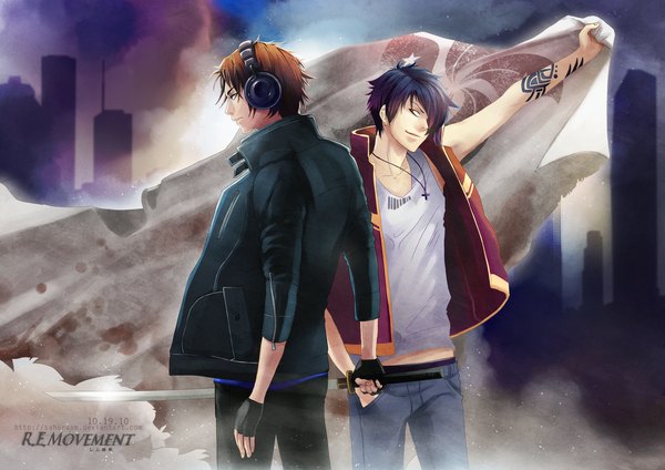 Anime picture 1280x905 with r.e.movement (manga) roy (r.e.movement) hiro (r.e.movement) saharaam (artist) fringe brown hair purple hair hair over one eye tattoo smoke boy gloves weapon jacket headphones fingerless gloves building (buildings) cross skyscraper