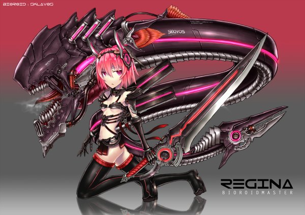 Anime picture 1500x1058 with gia single short hair open mouth light erotic simple background pink hair pink eyes inscription kneeling girl gloves weapon sword tongue thigh boots bikini top monster mecha